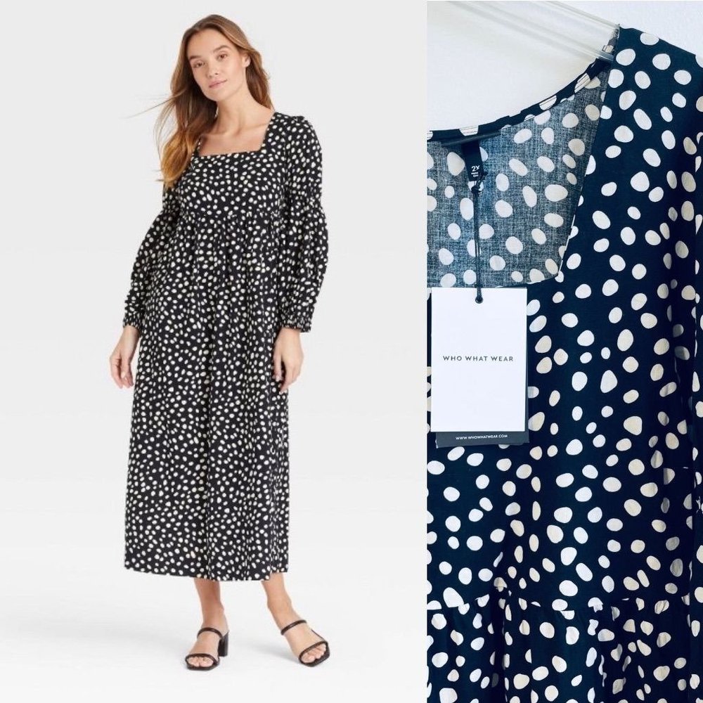 Who What Wear Womens Dress Small Black Maxi Long Sleeve Polka Dot Victorian New